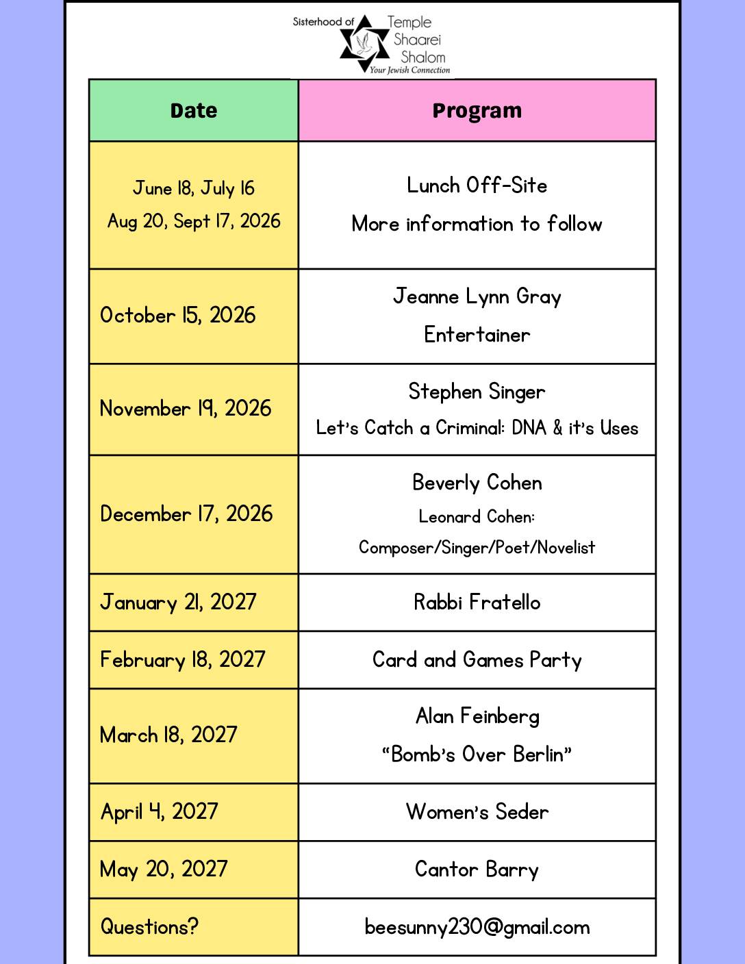 2026-2027 Sisterhood Calendar
